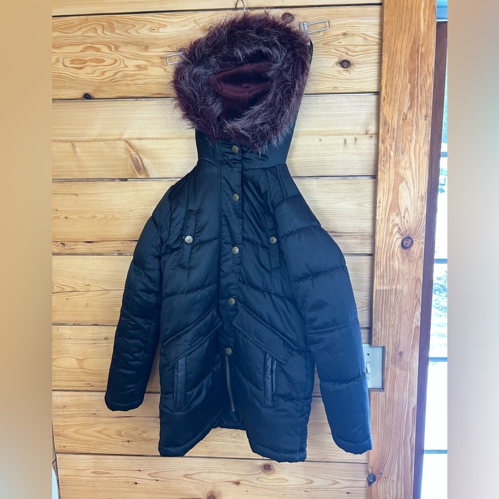 Girls Size 12 Burgundy Black Puffer Coat Faux Fur Trim Velvet Y2K Retro Pretty